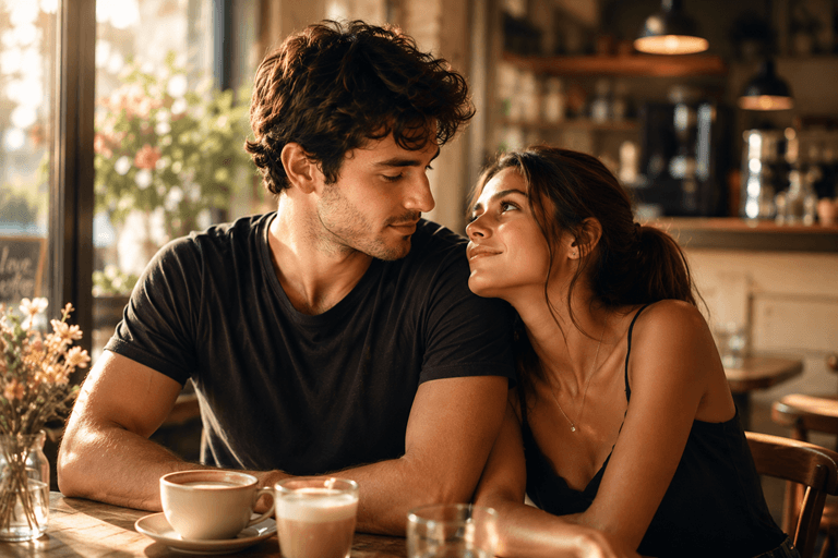 connection between man and woman in a cafe emotional connection in a cozy cafe.